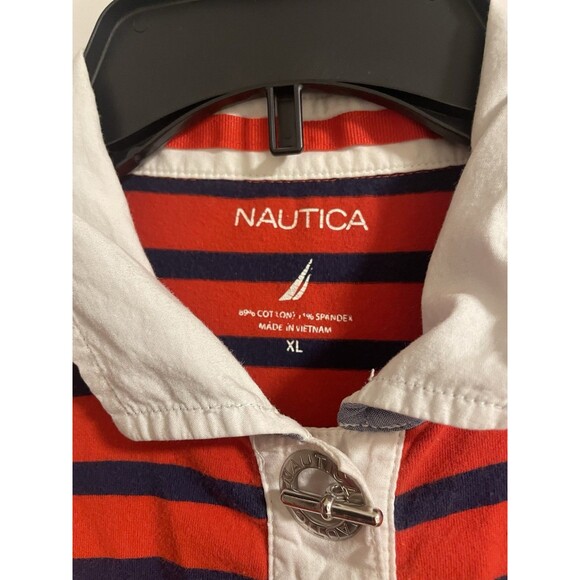 Nautica Women’s Quarter Sleeve Polo Shirt, Red And Navy Stripes With Toggles, XL - Picture 4 of 7